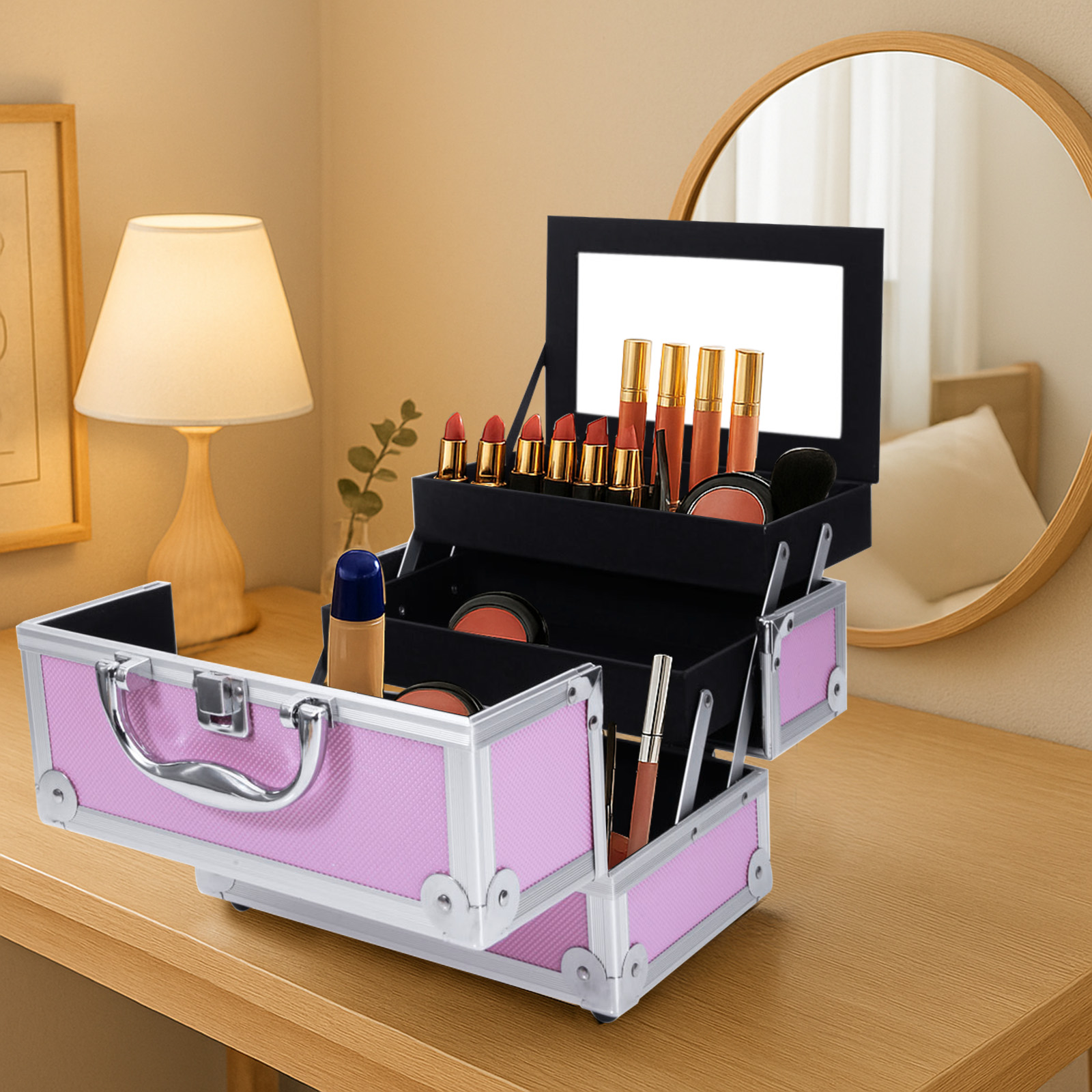 Travel Accessories Toiletries - Pink Aluminum Alloy Makeup Case, Double
